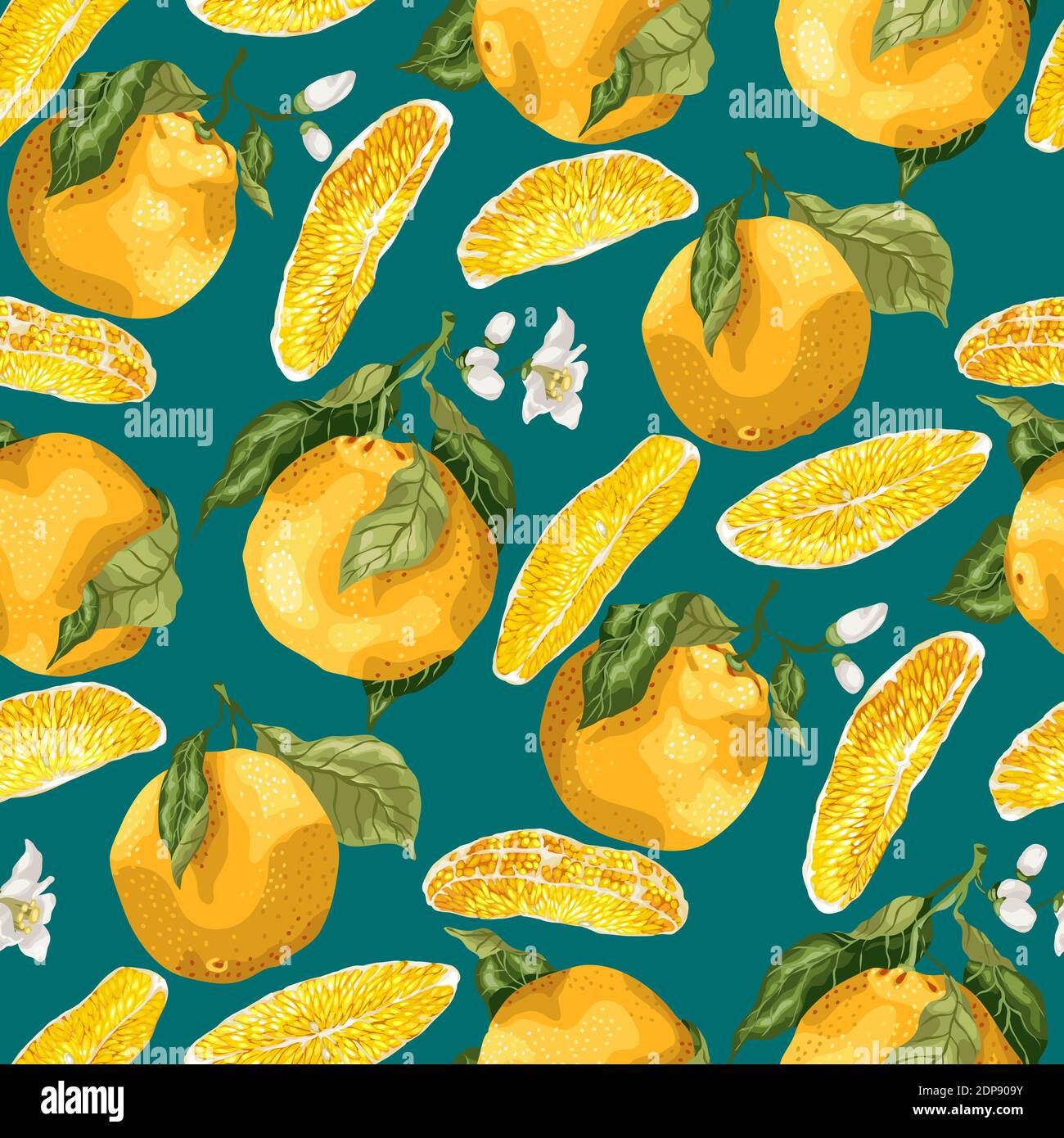 Seamless pattern with orange fruits and slices. Blooming flowers on the ...