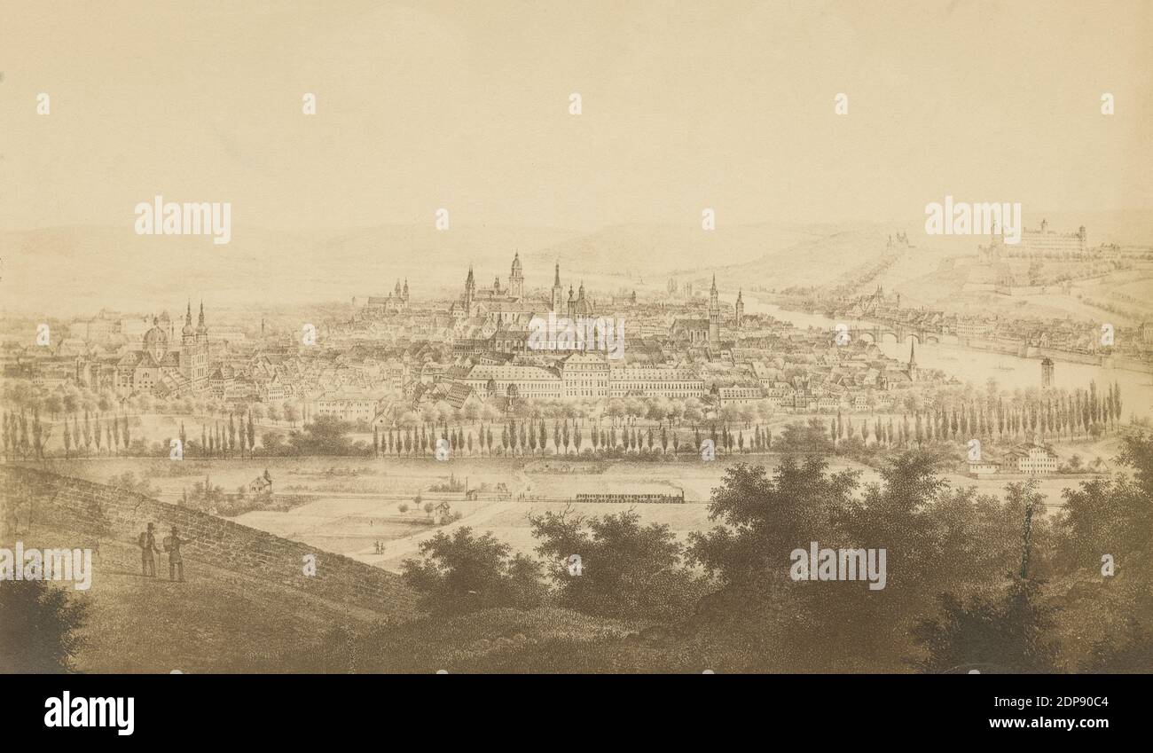 Antique c1863 photograph of an illustrated view of Würzburg, Germany. Fortress Marienberg at right on hill; Stift haug at left. SOURCE: ORIGINAL PHOTOGRAPH Stock Photo