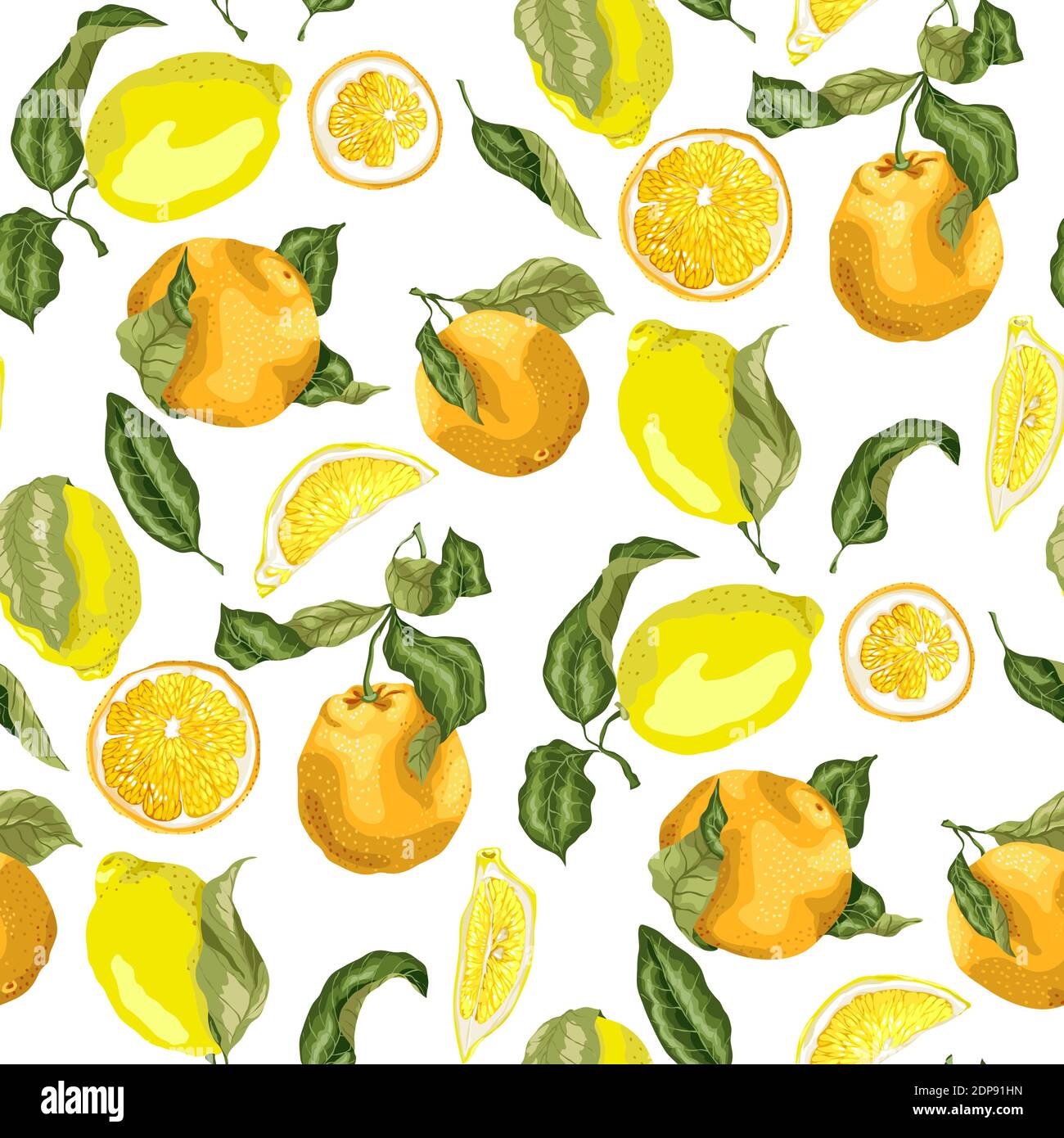 Seamless pattern with juicy lemons and oranges, slices and circles in ...