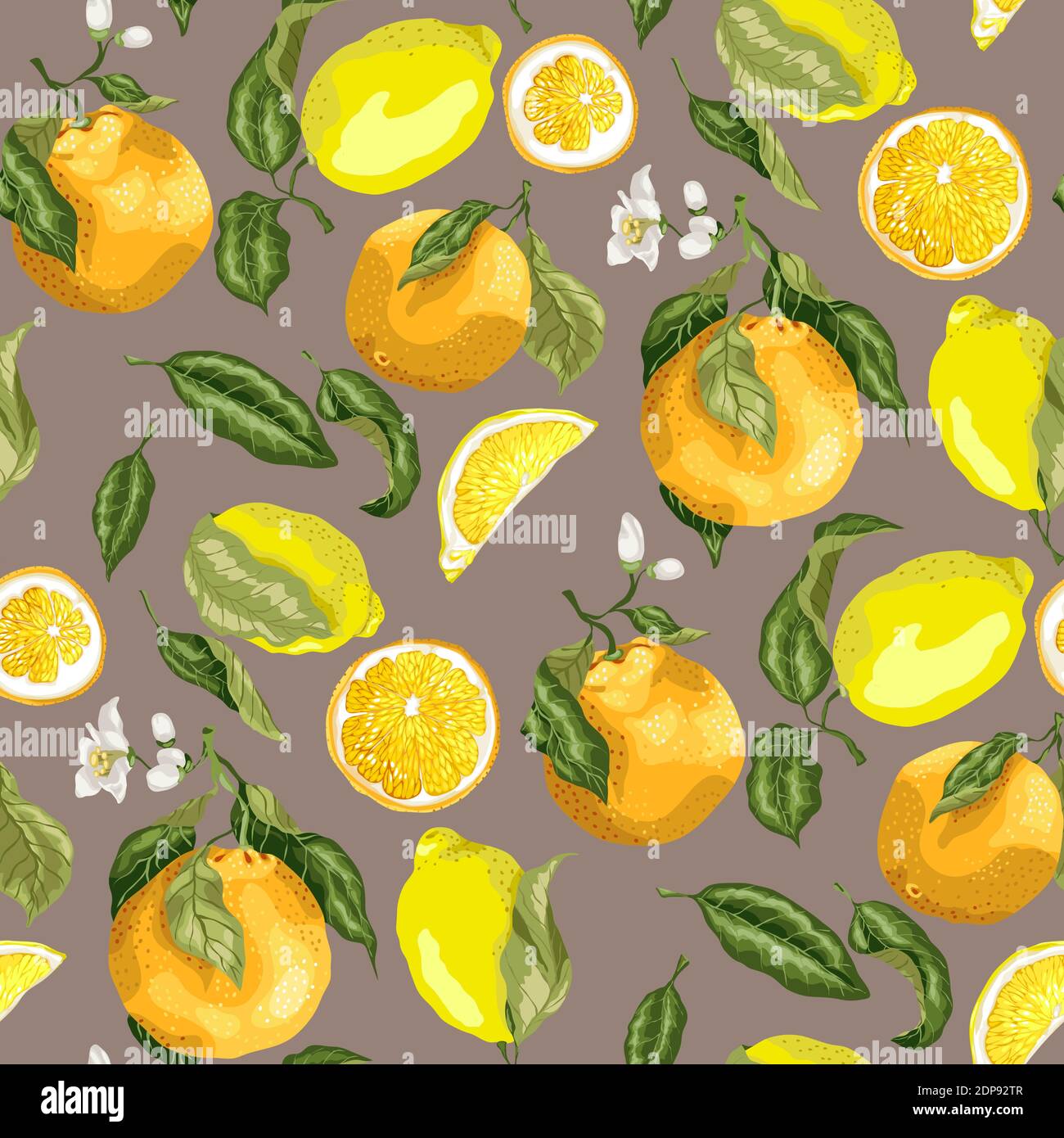 Juicy citrus fruits in a seamless pattern with blooming oranges and ...