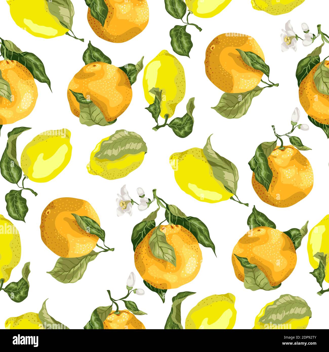Juicy citrus fruits in a seamless pattern with blooming oranges and ...
