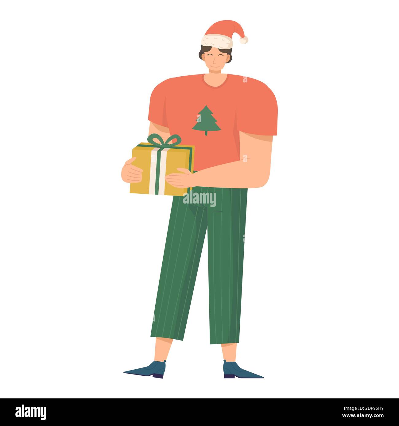 Celebrating man holding a giftbox. Home Christmas, cozy holidays, secret Santa exchange, give and receive gift, surprise box concept. Stock vector Stock Vector