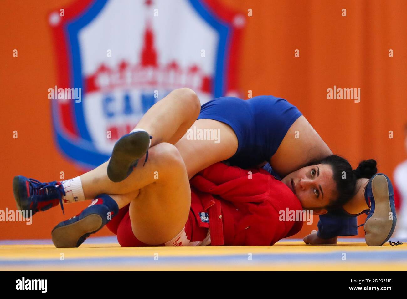Moscow Russia December 19 2020 Moldovan Fighter Ana Maria Ciobanu R And Her Russian Rival Tatyana Shuyanova Struggle In A Women S Under 56kg Bout As Part Of The 2020 Kharlampiyev Memorial World