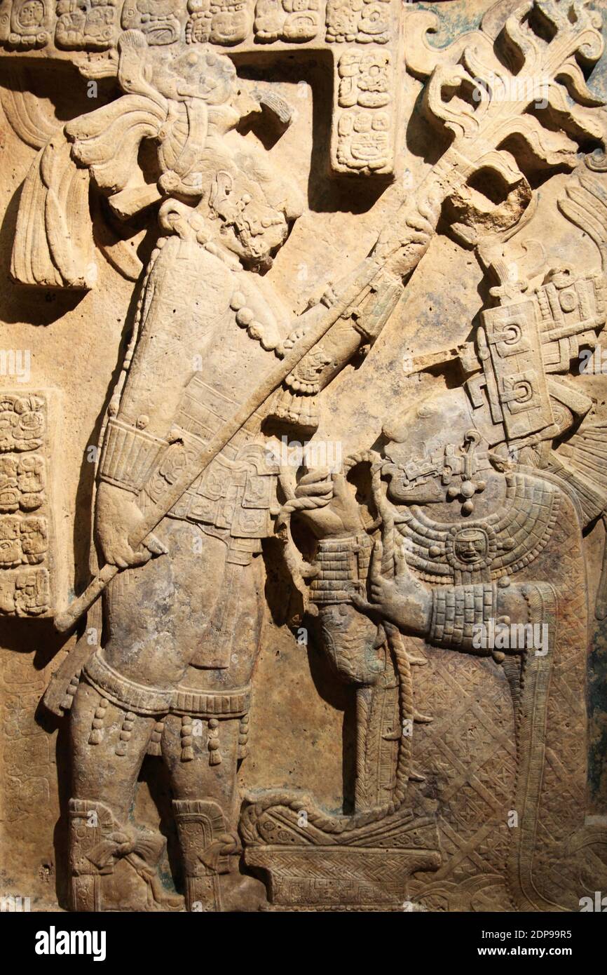 Ancient Maya limestone lintel from Yachilan in Mexico dating from about ...