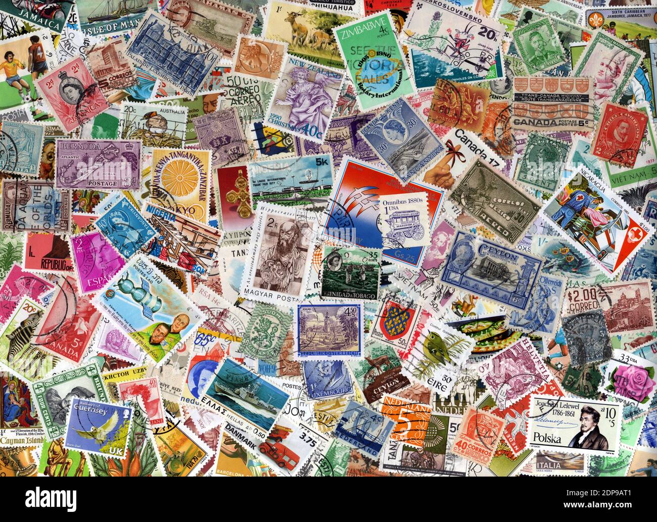 A large world foreign postage stamp collection background, stock photo image Stock Photo