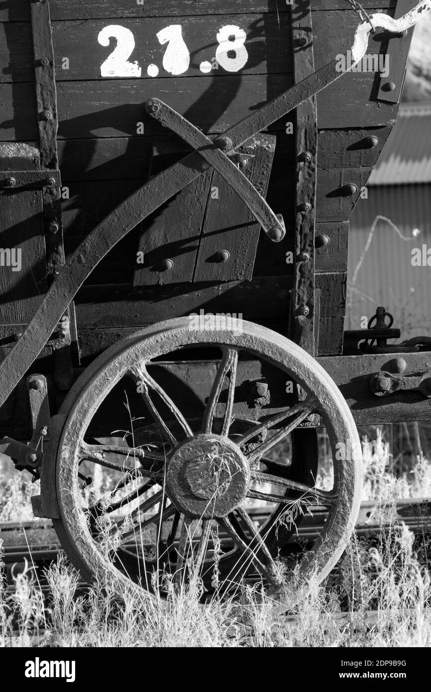 A black and white image, a detail shot of a wooden chaldron wagon at Beamish Museum, Co. Durham, England, UK Stock Photo