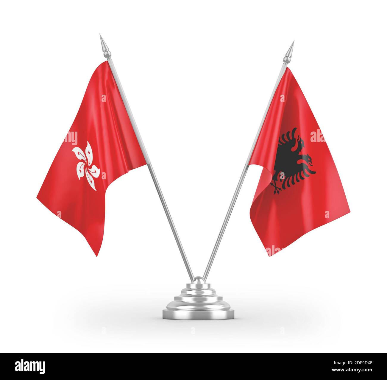 Albania and Hong Kong table flags isolated on white 3D rendering Stock Photo