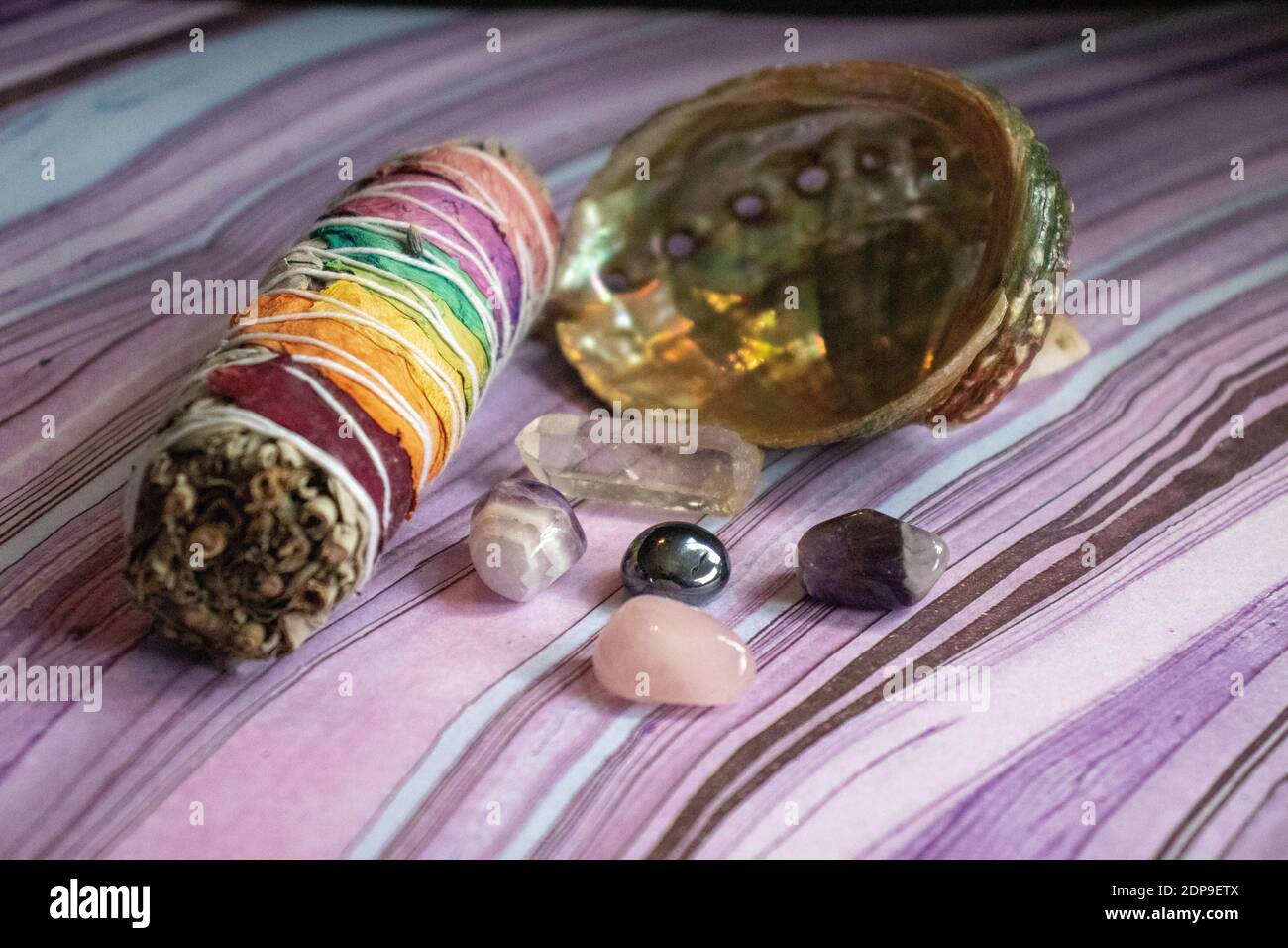 Sage Rainbow Smudge with shell and Crystals . High quality photo Stock Photo