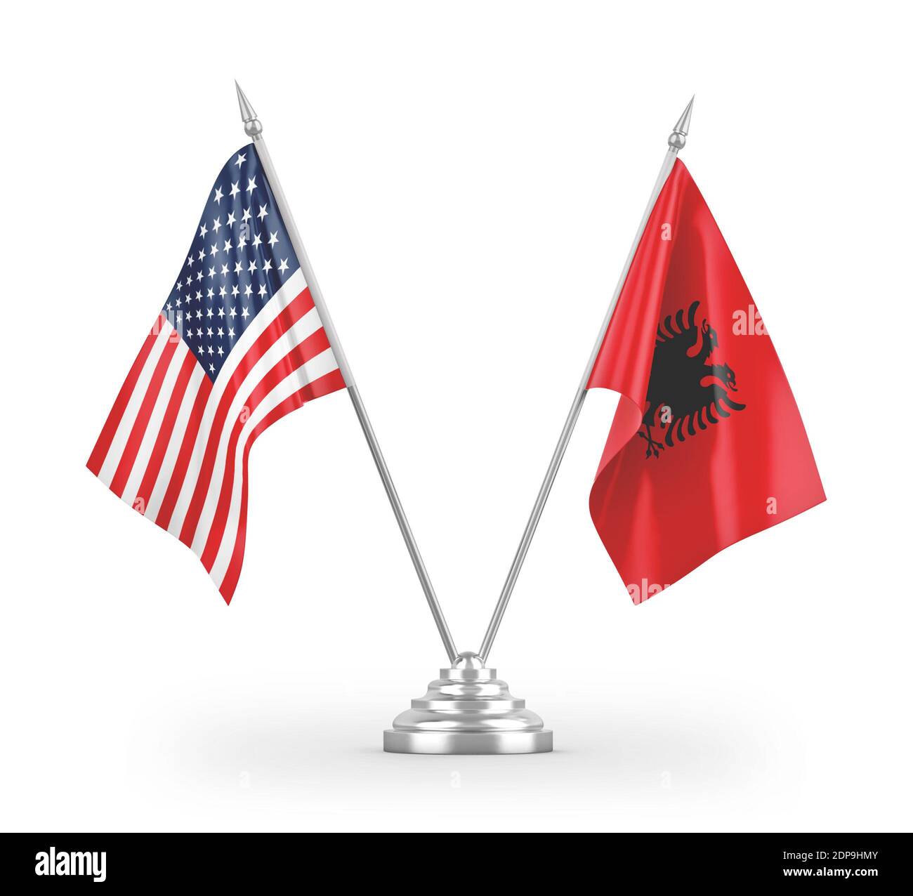 Albania and United States table flags isolated on white 3D rendering Stock Photo