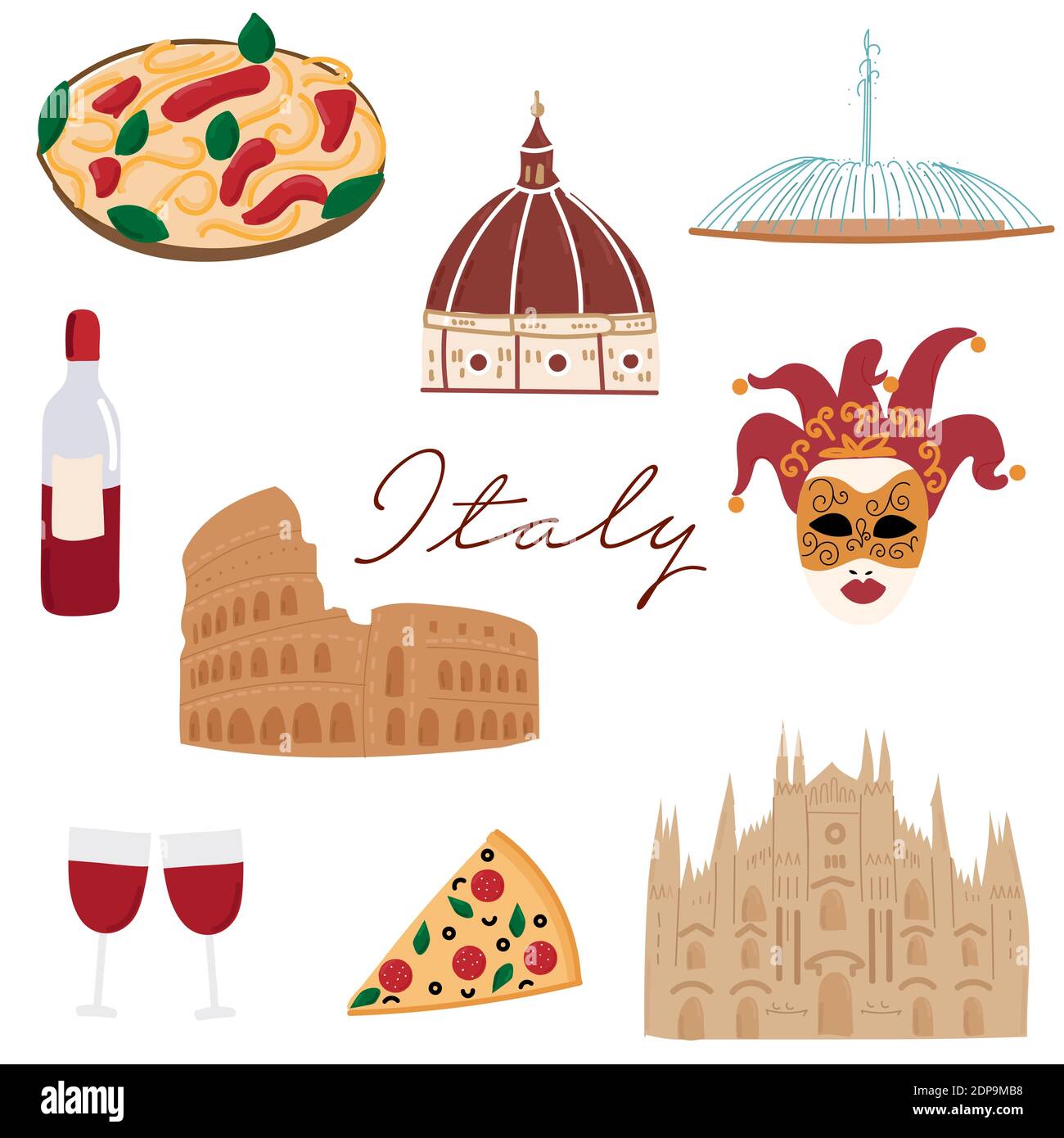 Italy hand drawn cartoon icons. flat travel architecture. Fountains, cathedrals, food. Italian symbols outline drawing vector clipart Stock Vector