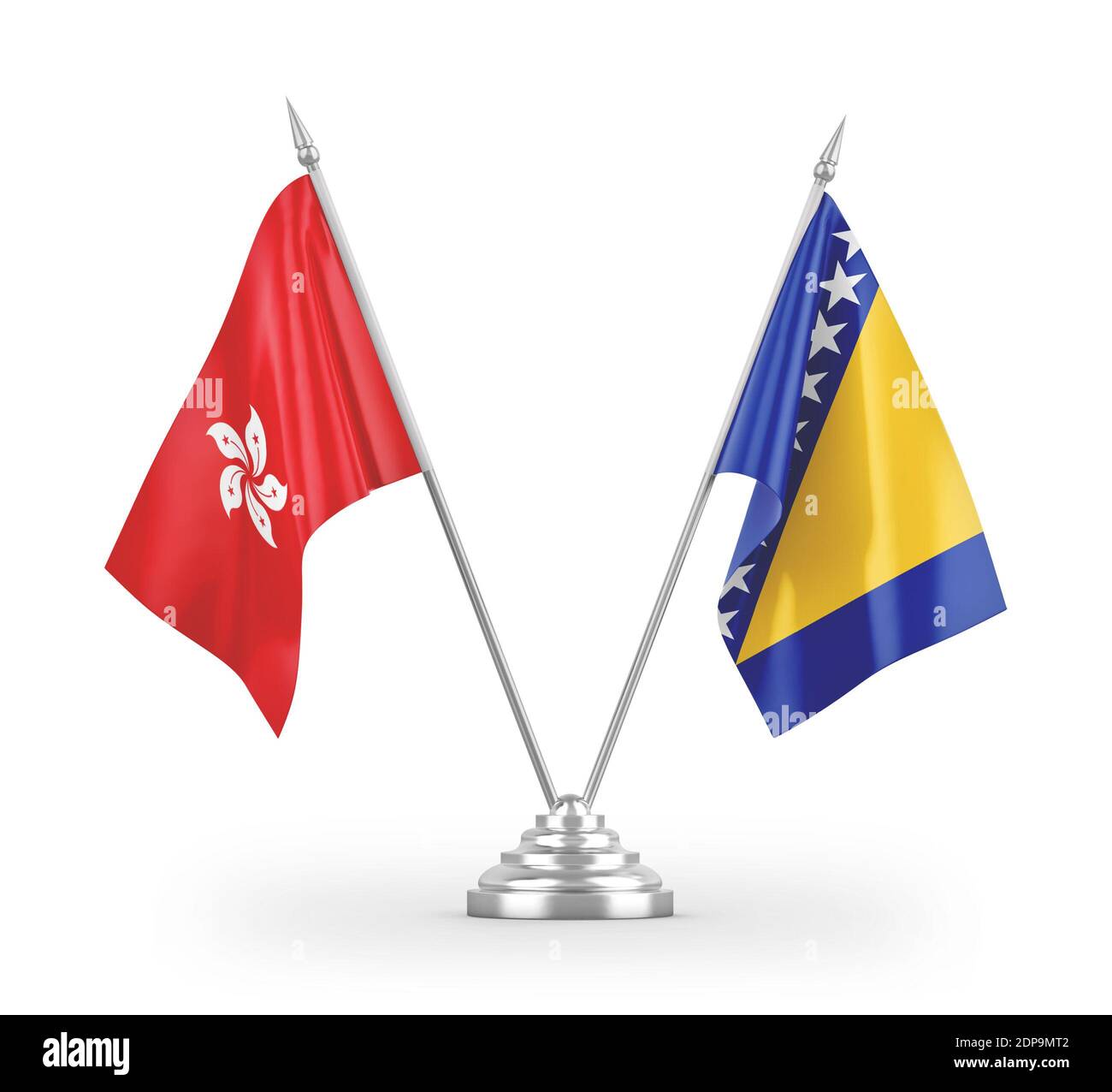 Bosnia and Herzegovina and Hong Kong table flags isolated on white 3D rendering Stock Photo