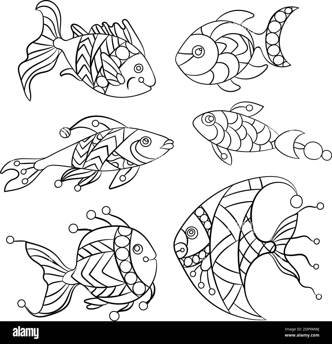 Coloring Pages For Children And Adults With Set Of Ocean And Sea Fishes In Vector Graphic Illustration In Ornament Stock Vector Image Art Alamy