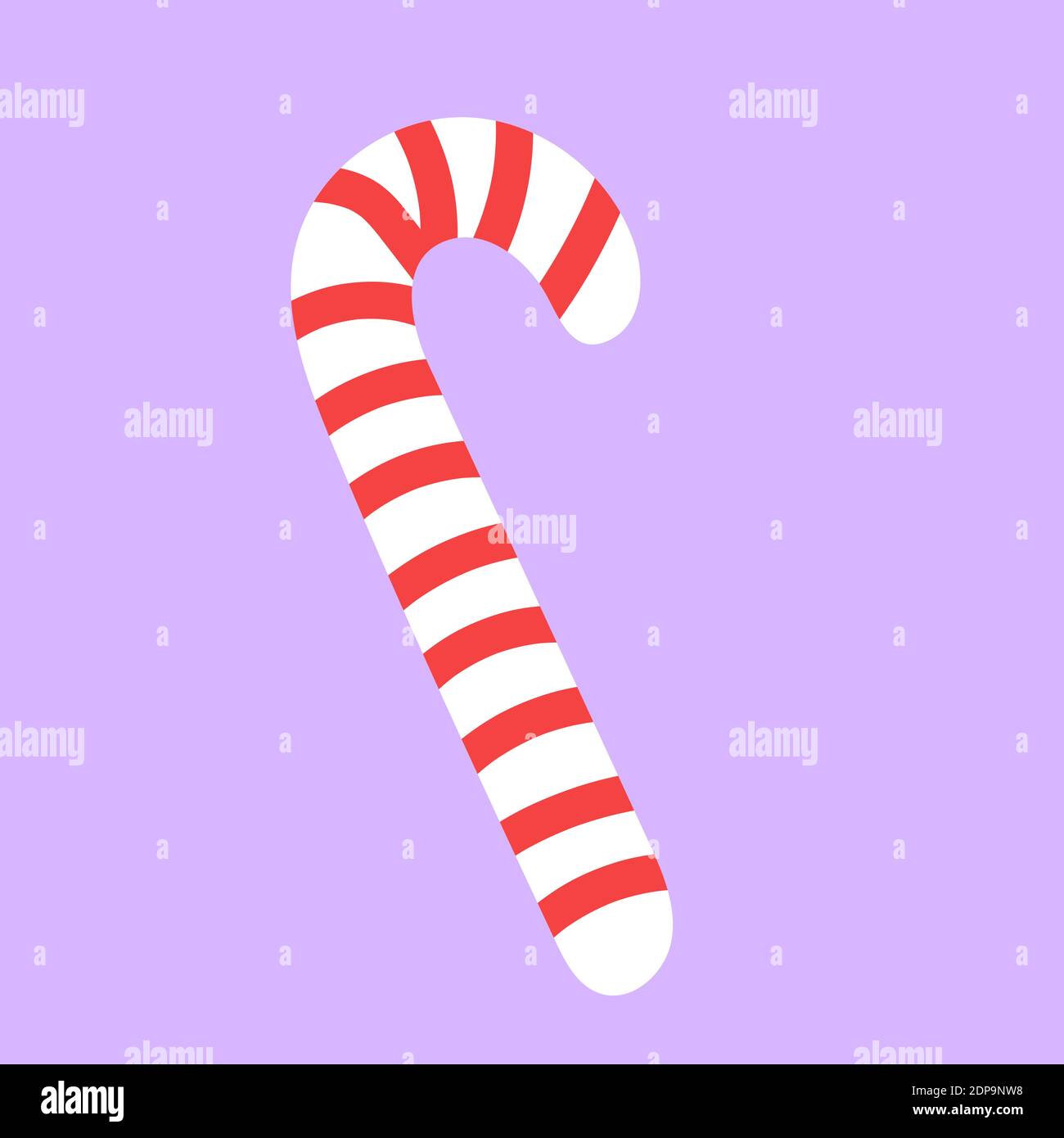 Christmas cartoon Candy cane. Sweet s with red stripes. Vector flat illustration isolated on purple background. Stock Vector
