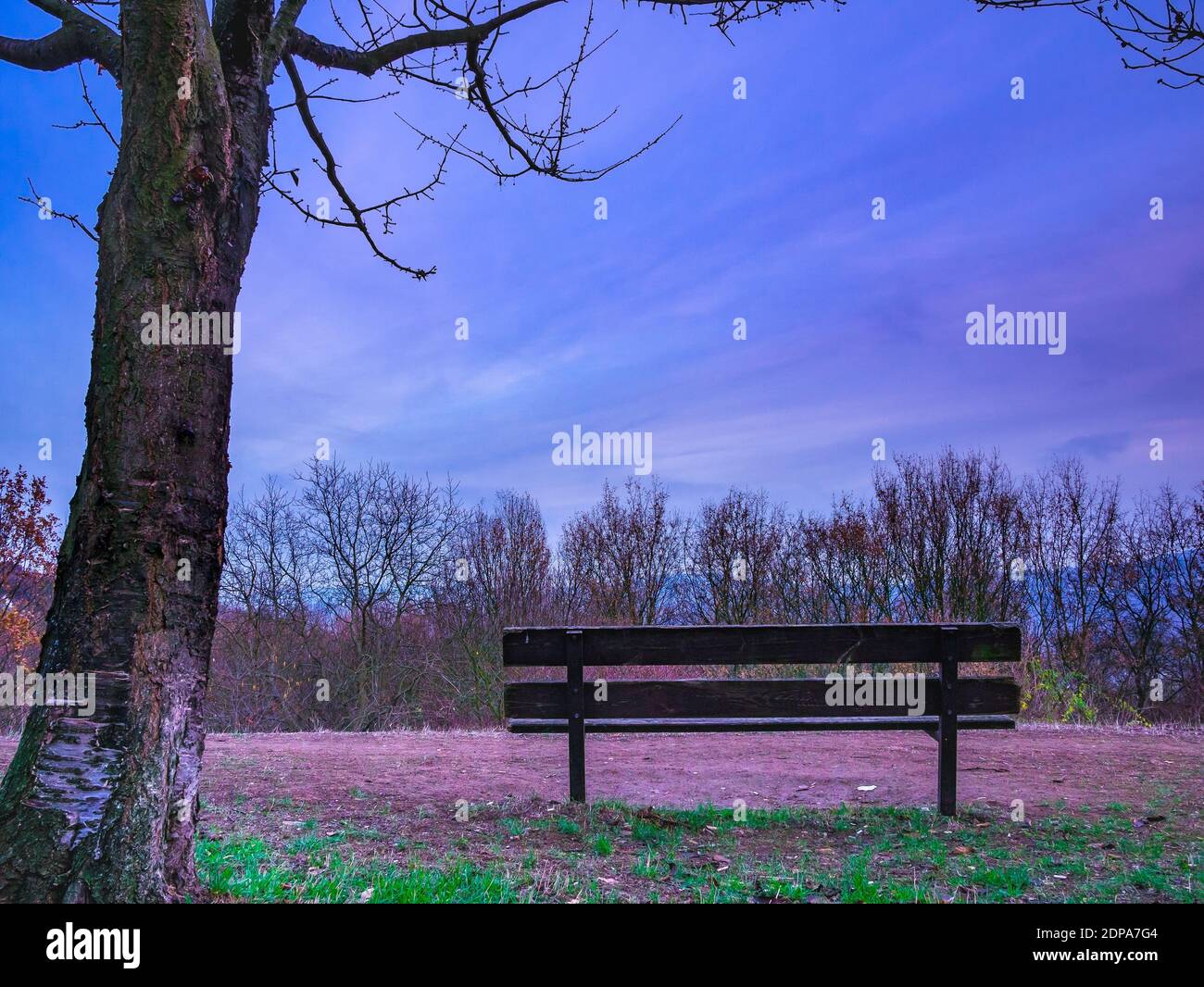 Bench overlooking the countryside - autumn in late afternoon Stock Photo