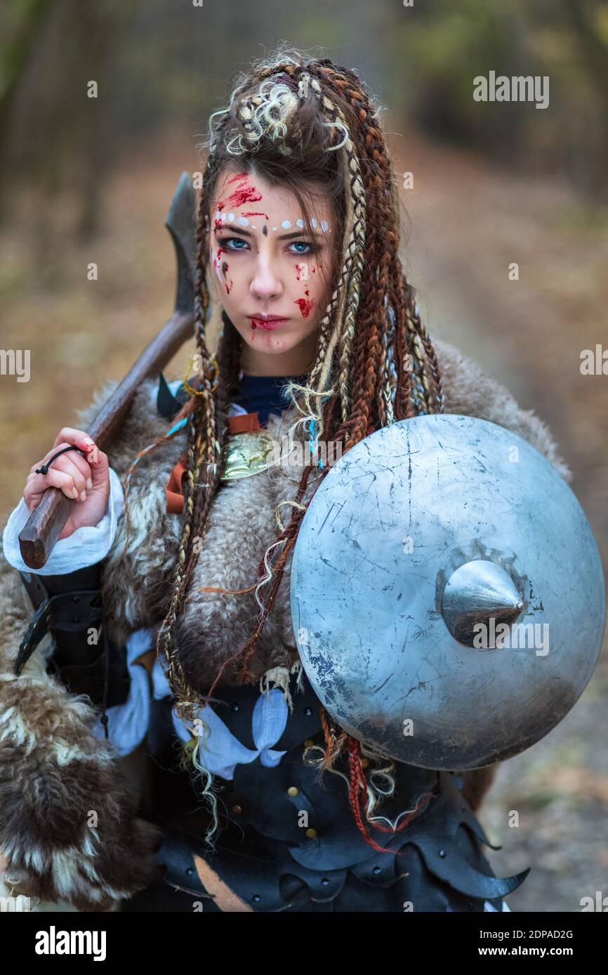 Portrait Of Woman Wearing Warrior Costume Stock Photo - Alamy