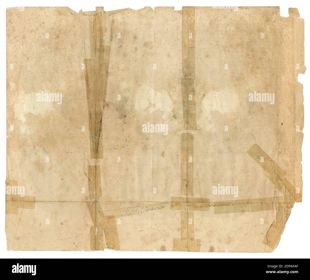 Antique tattered paper with old tape repairs, stains, soiling, and mildew spots. Stock Photo