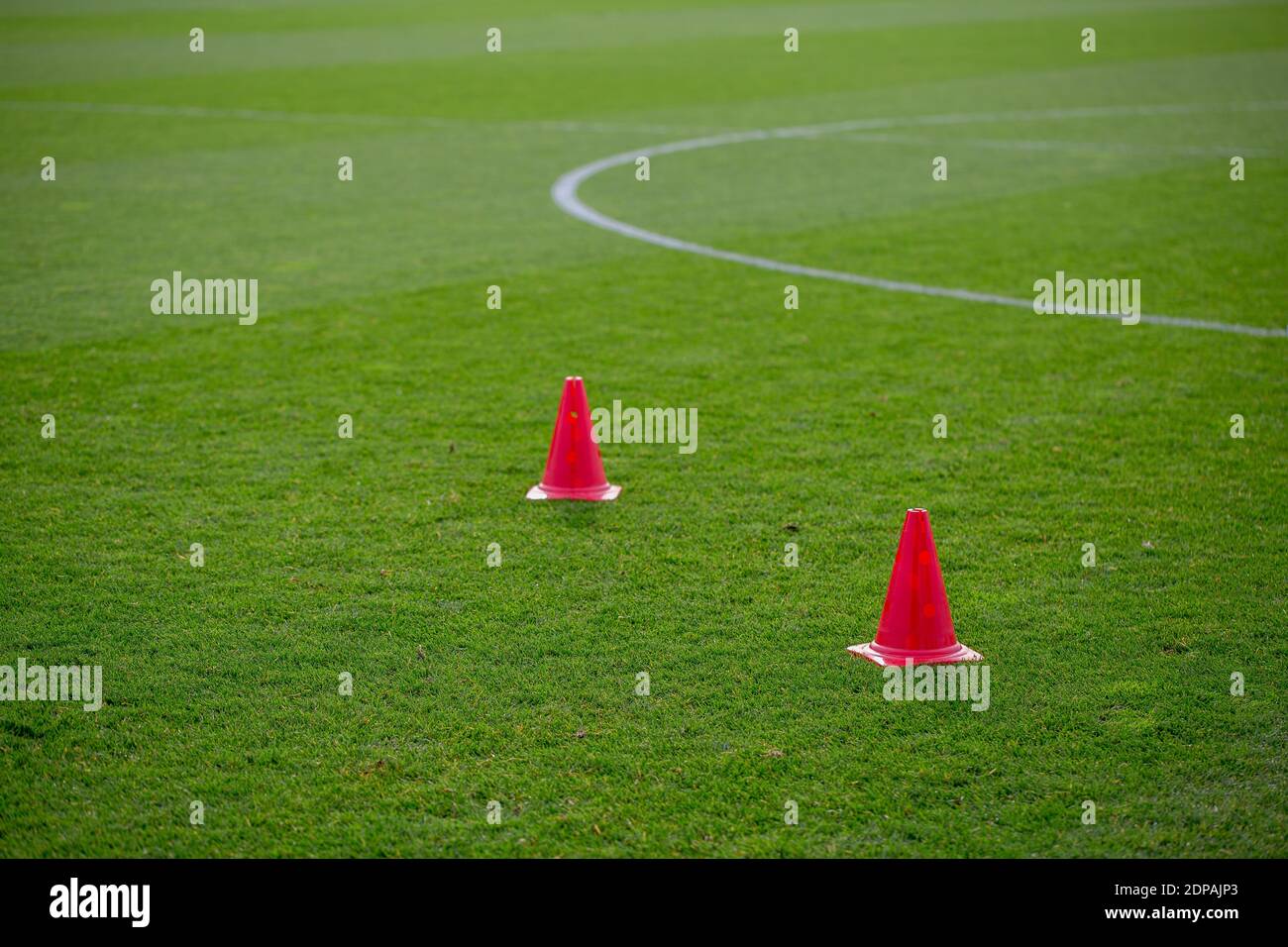 Football Practice Cones On A Green Soccer Field Stock Photo Alamy