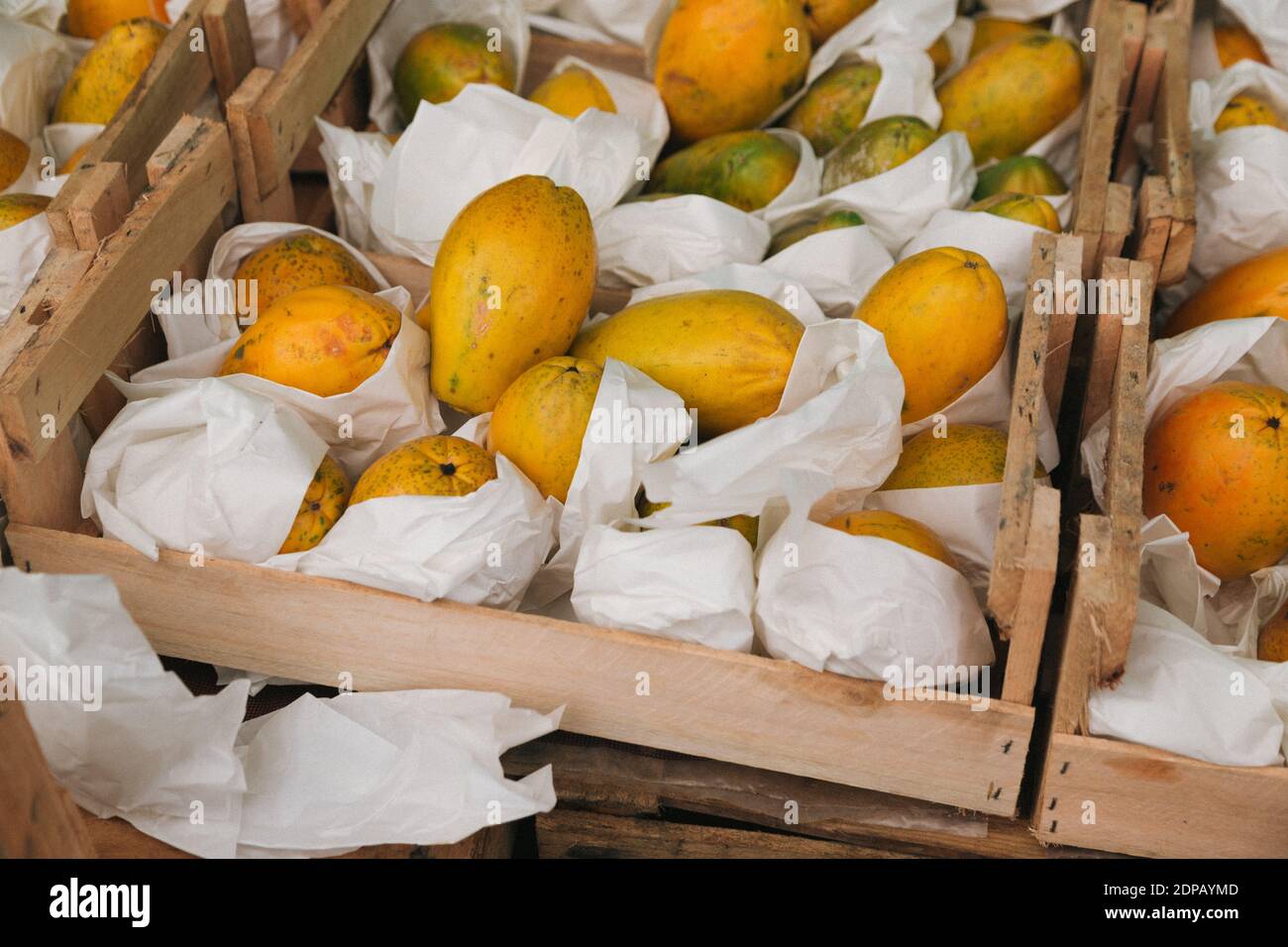 A lot of ripe mangos in wooden boxes in a market Stock Photo - Alamy