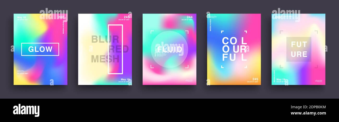 Set of Blurred Color Gradient Posters. Fluid colors. Set of Trendy Holographic Gradient shapes for Presentation, Magazines, Flyers, Annual Reports, Po Stock Vector