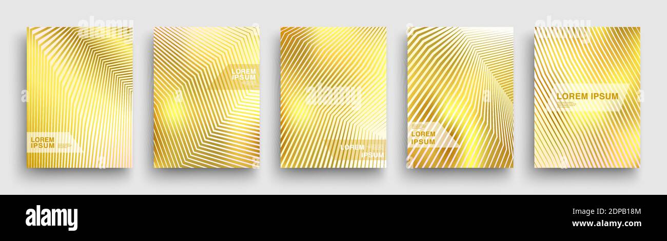 Set of Minimal Gold Geometric Halftone Gradient Posters. Simple Modern Covers Template Design. Golden Blurred, Liquid, Geometric Shapes. Luminous Back Stock Vector
