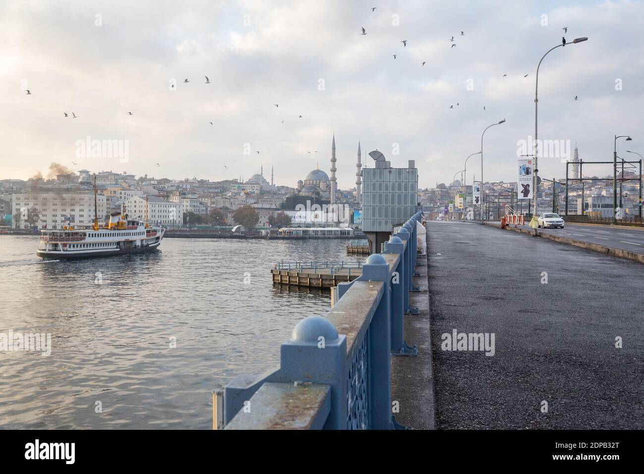 View from Galata Bridge, Istanbul in Turkey on December 6, 2020. The streets of Istanbul, which are empty due to the curfew on the weekend. Stock Photo