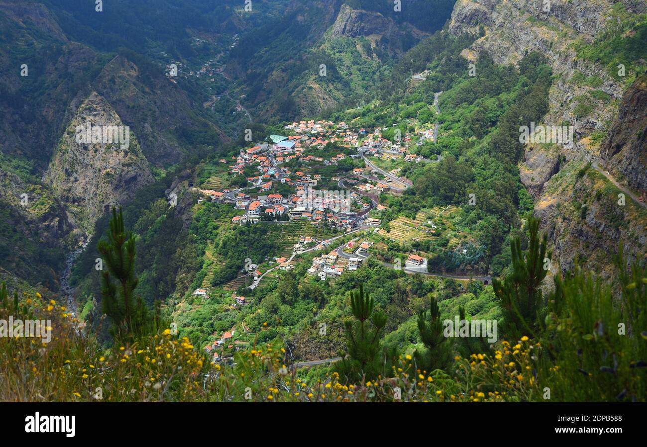 'Nuns Valley' the village of Curral das Freiras  sites in deep steep sided valley Madeira Portugal. Stock Photo