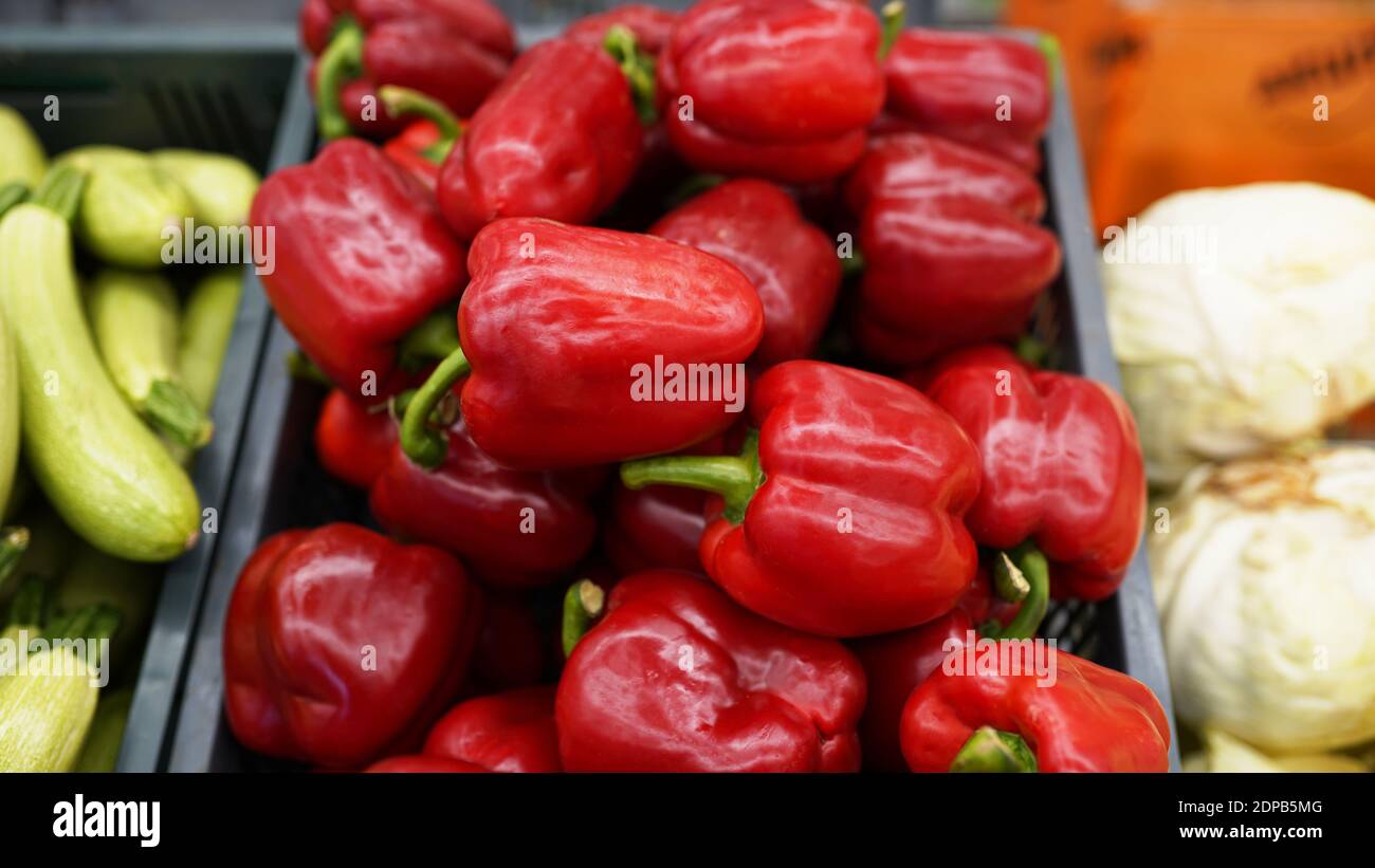 Bulgarian sweet red pepper on counter in market Stock Photo - Alamy