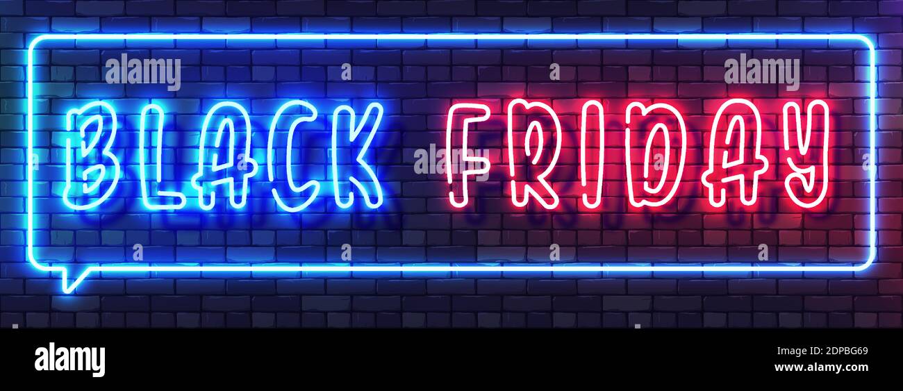 Black Friday Sale Neon Colorful Banner. Handwritten Neon Alphabet on a Dark Brick Wall Background. Colorful bright drawn typeface for night bright adv Stock Vector