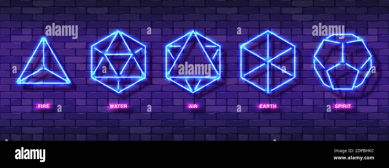 Set of Mystic Esoteric Neon Colorful Symbols. Five Minimal Ideal Platonic Solids. Sacred Geometry Sign Template Design. Night Glow Icons for Bright Ad Stock Vector