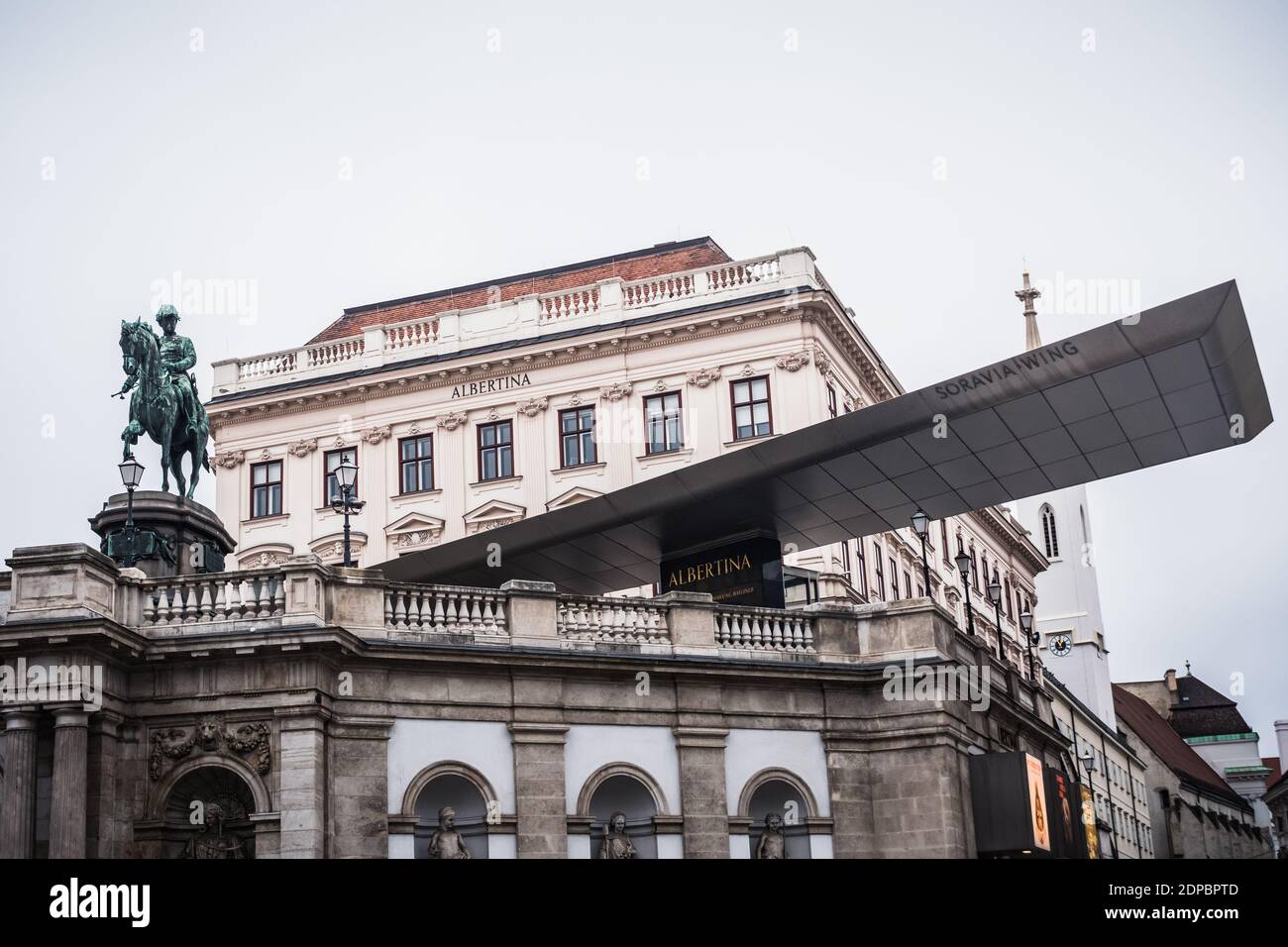 Vienna, Austria - Decembter 19 2020: Albertina At Museum with Soravia Wing and Statue of Archduke Albrecht. Stock Photo