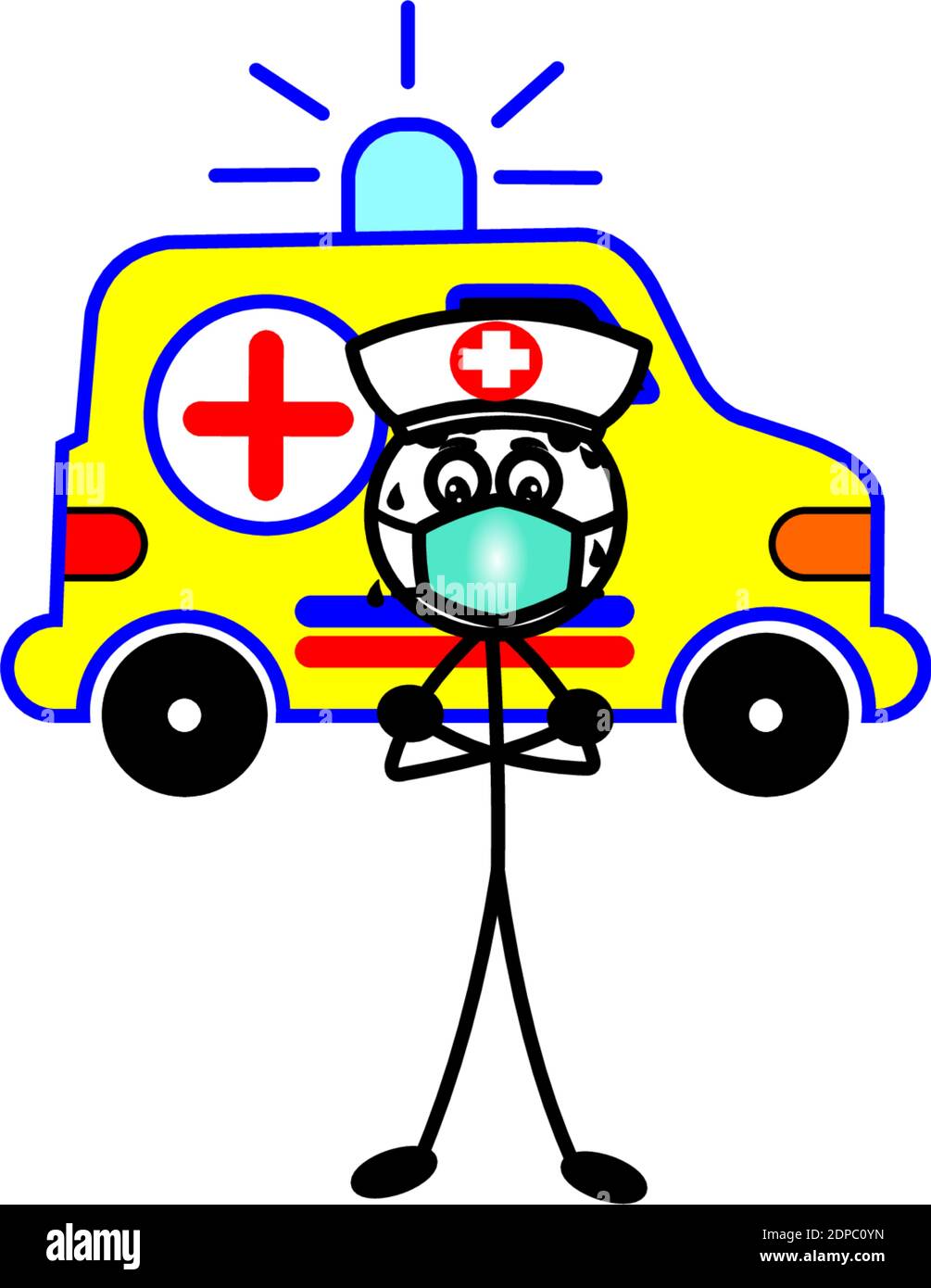 Hospital brother, paramedic for ambulance with a mask on in Corona time the pandemic or covid 19 but do put a mouth cap on Stock Vector