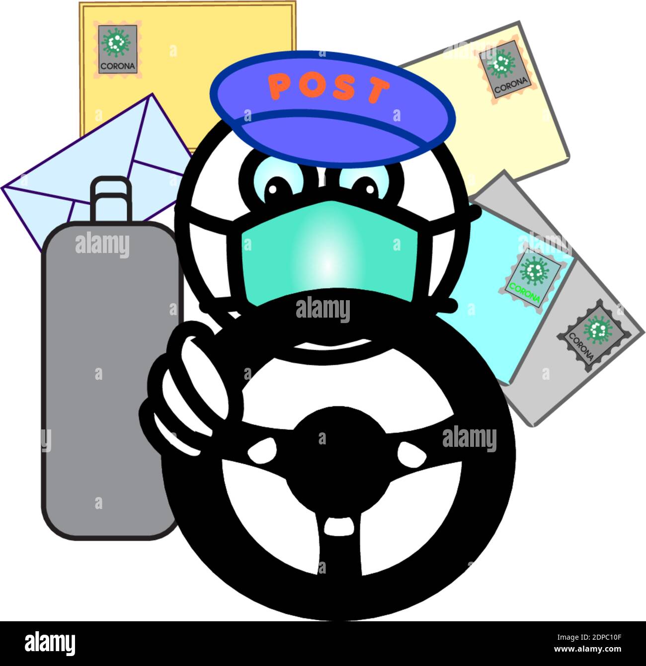 Postman with mail in postcar in Corona time the pandemic or covid 19 but put a mouth cap on Stock Vector