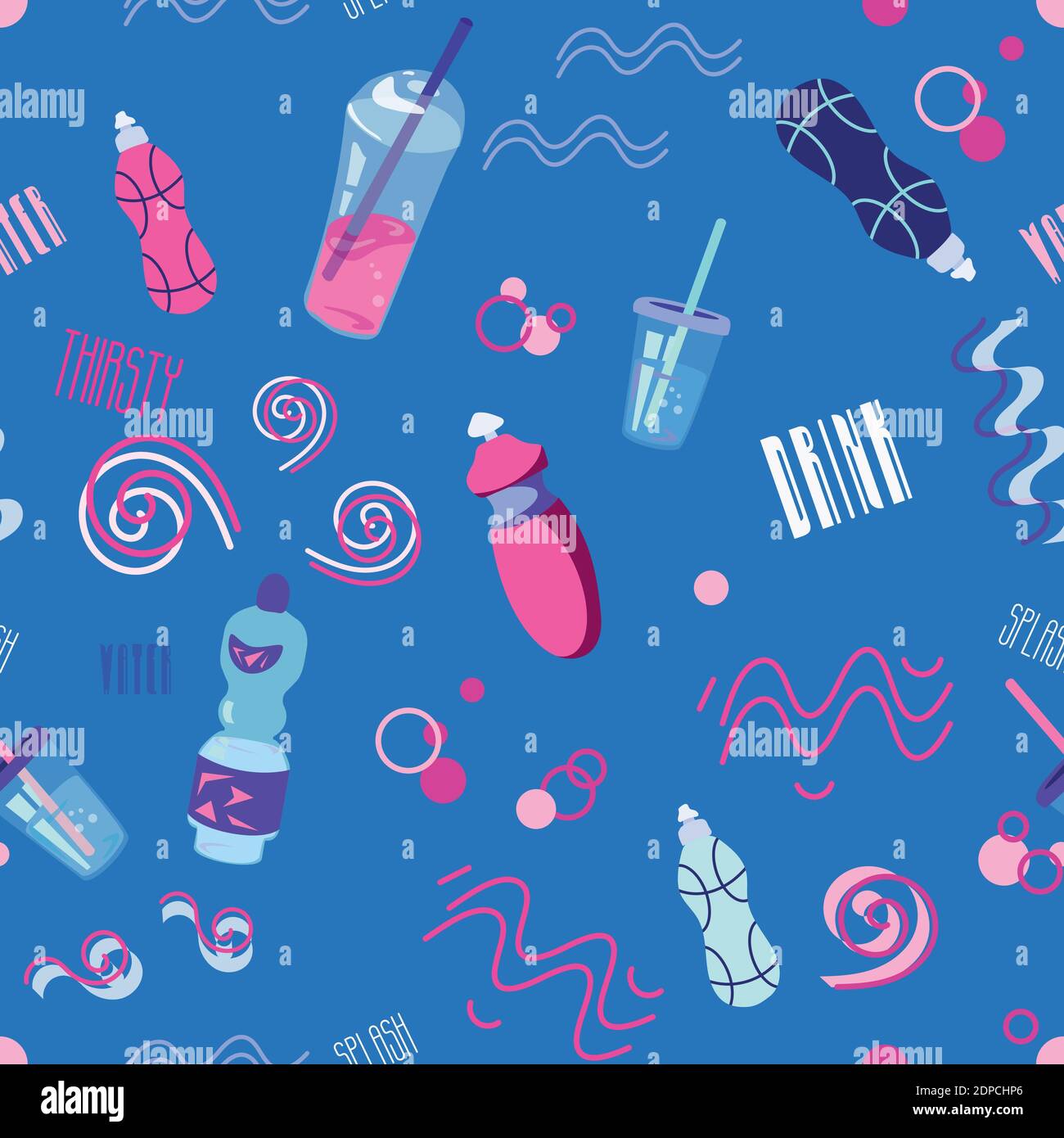 Seamless Pattern Drink Water on Blue Background Stock Vector