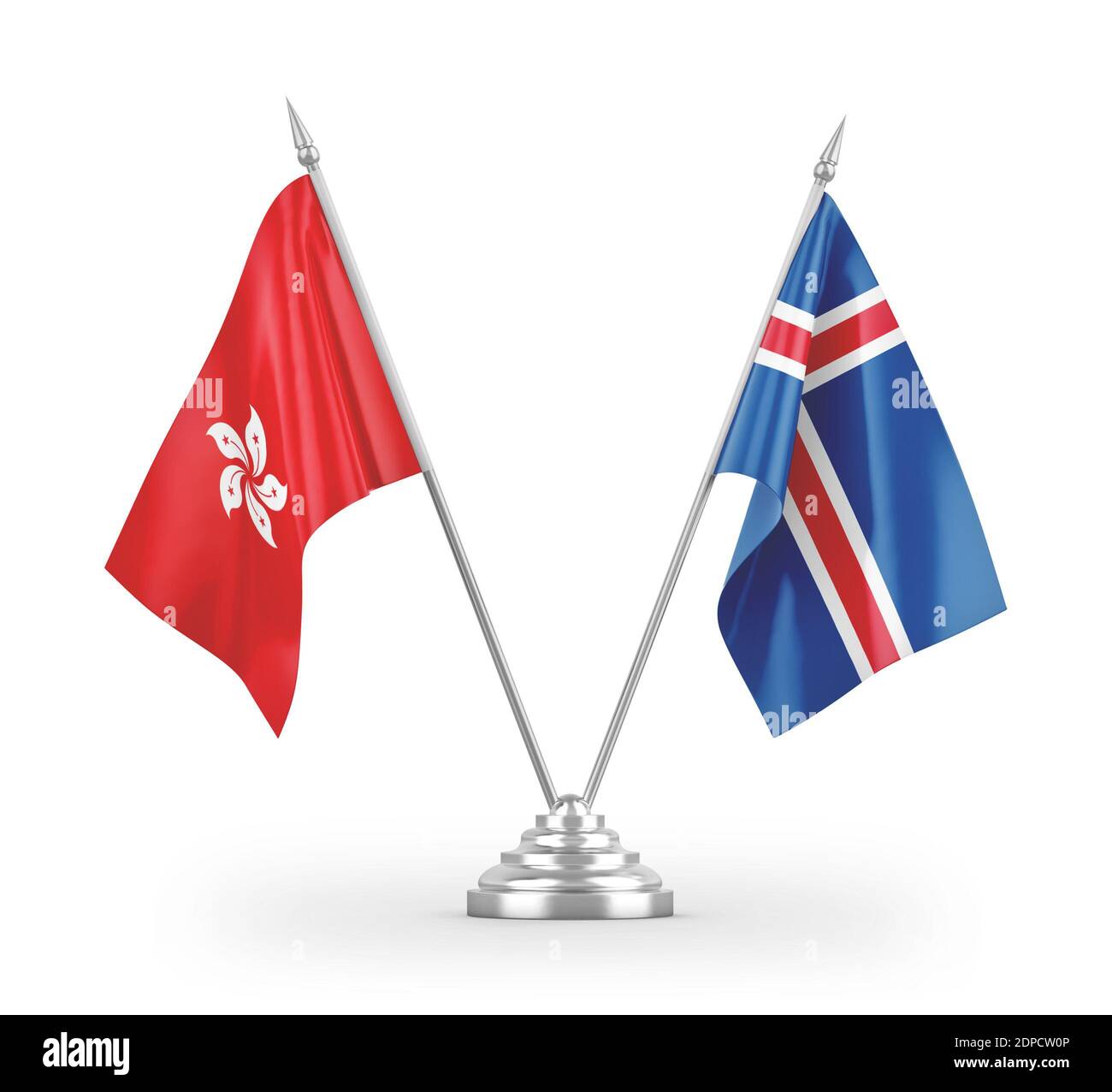 Iceland and Hong Kong table flags isolated on white 3D rendering Stock Photo