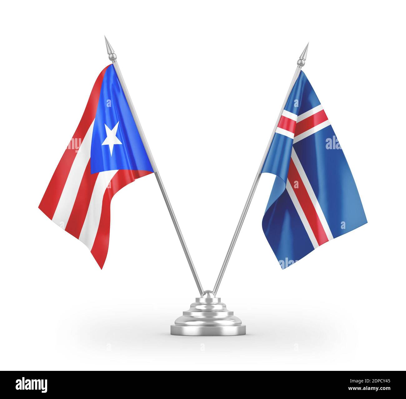 Iceland and Puerto Rico table flags isolated on white 3D rendering
