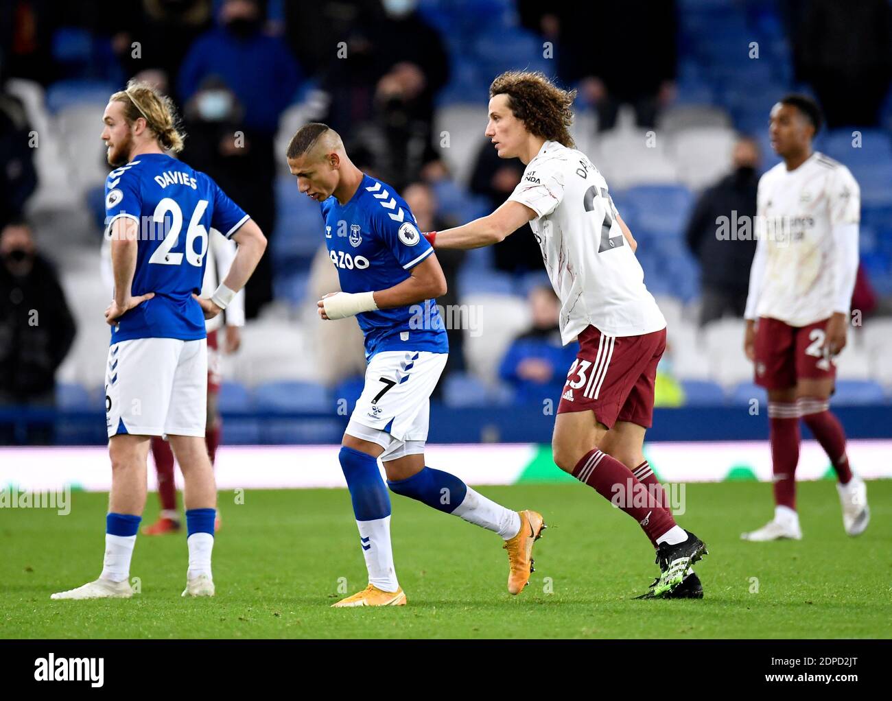 Arsenal's David Luiz (right) pushes Everton's Richarlison to leave the pitch during the Premier League match at Goodison Park, Liverpool. Stock Photo