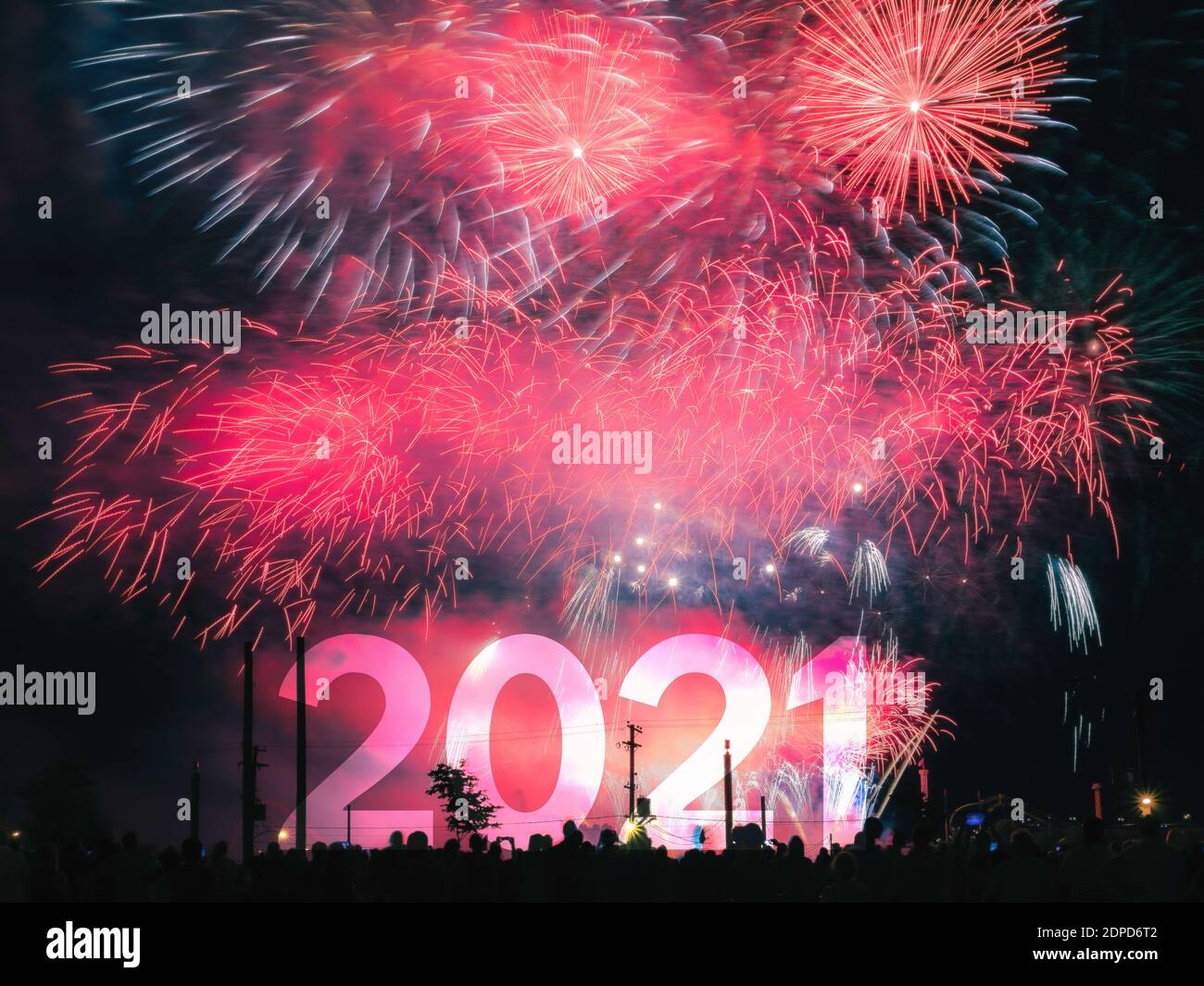 Happy new year 2021 card on a red fireworks background Stock Photo - Alamy