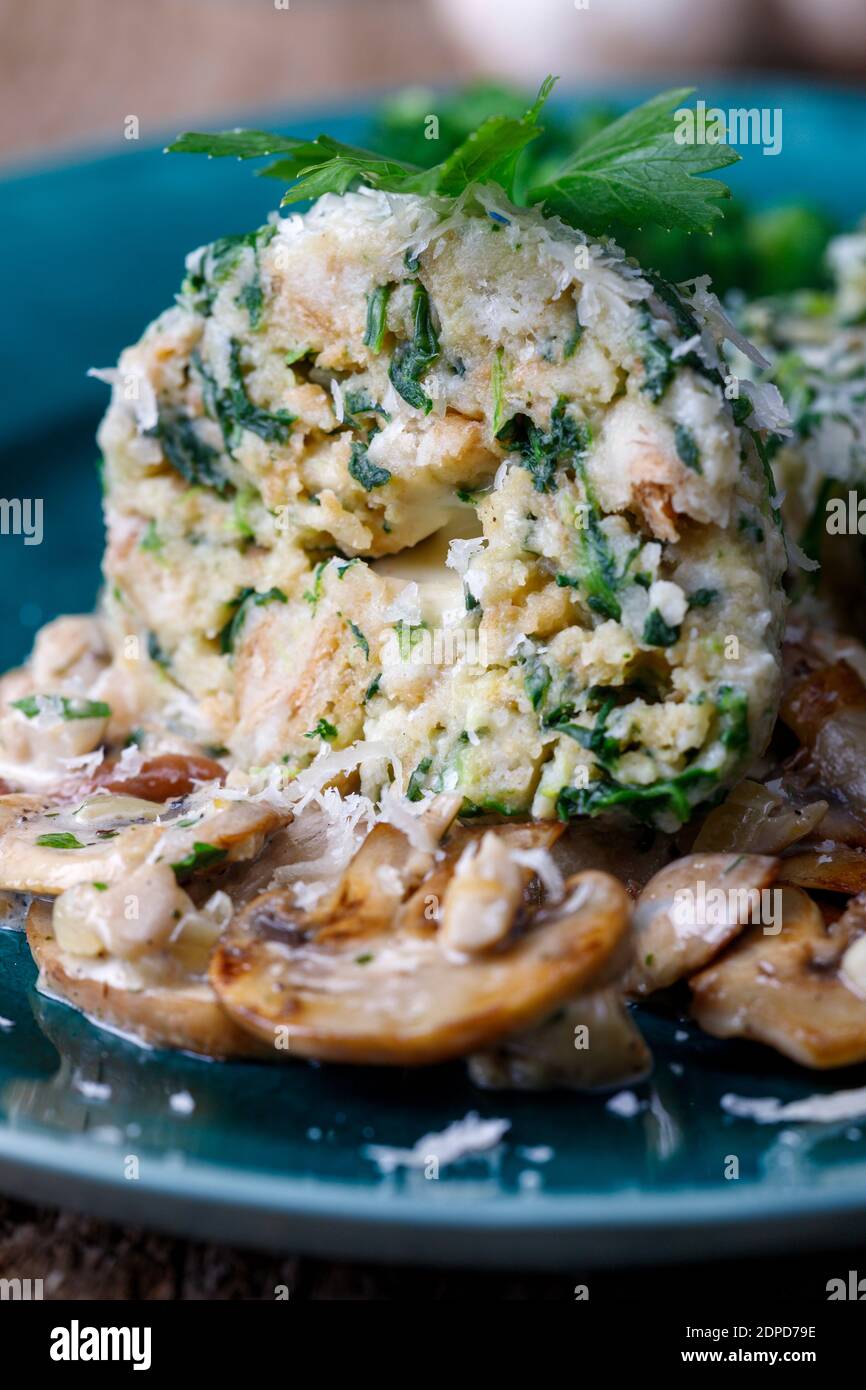 filled dumplings with mushroom sauce Stock Photo
