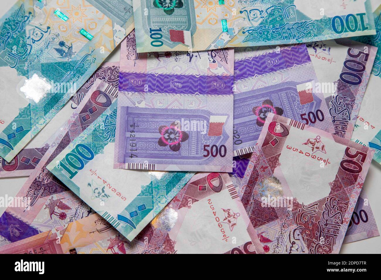 Qatar Currency New .Qatari Riyal ,Notes,500,100,50 on white background