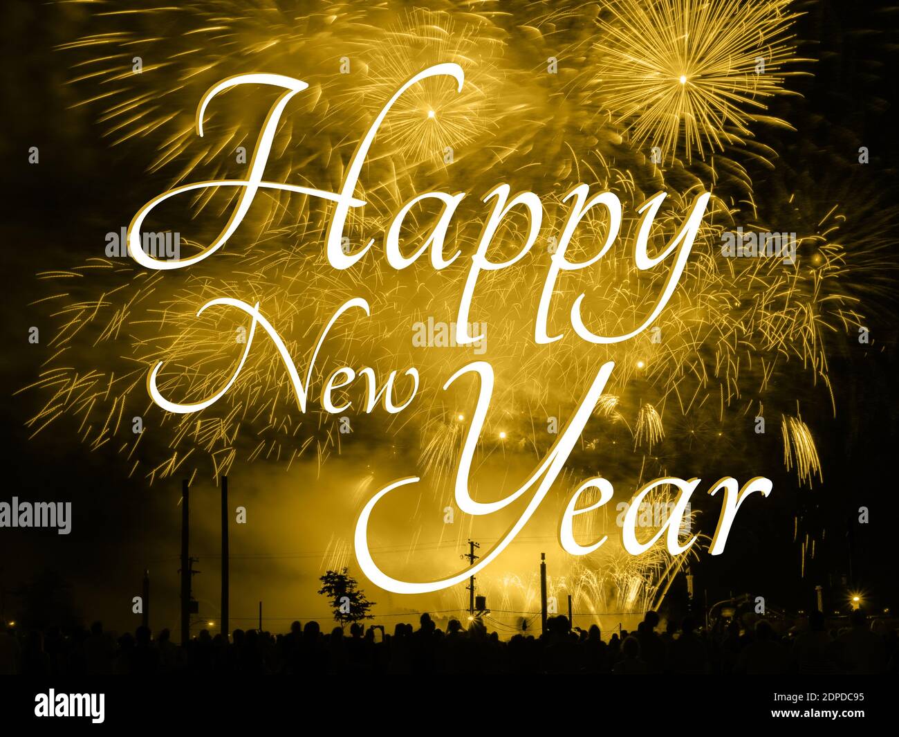 Happy new year card on a golden fireworks background Stock Photo - Alamy