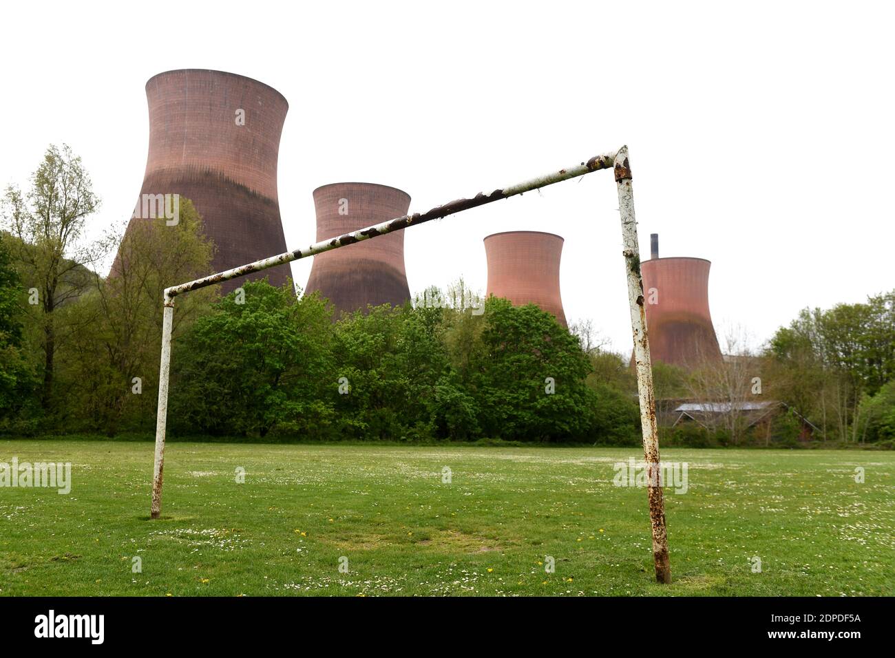 Rusty football goalposts in front of Ironbridge Power Station cooling towers Britain 2019 ONE OF A SERIES OF IMAGES BY DAVE BAGNALL PHOTOGRAPHY Stock Photo