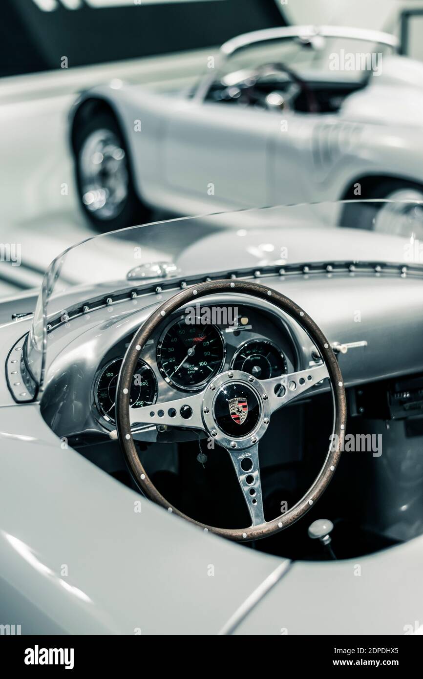 STUTTGART, Germany 6 March 2020: The Porsche 550 Spyder 1956.  Mid-engine car with an air-cooled four-cylinder engine, following the precedent of the Stock Photo