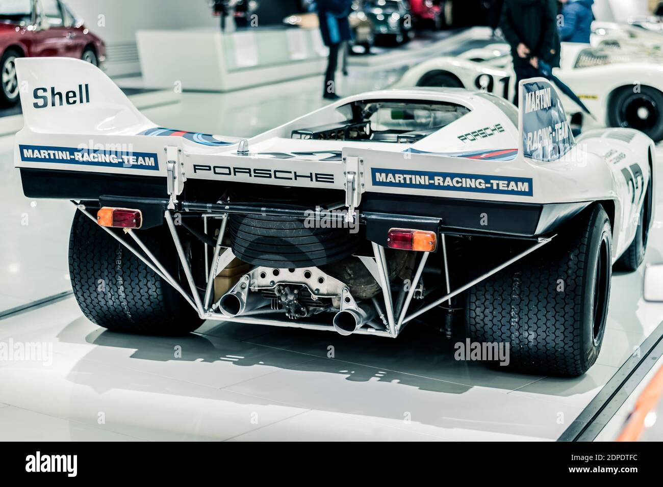 STUTTGART, Germany 6 March 2020: The Porsche 917 KH Coupe №22 1971 in Porsche Museum. Le Mans winner in Martini Racing livery. Rear view Stock Photo