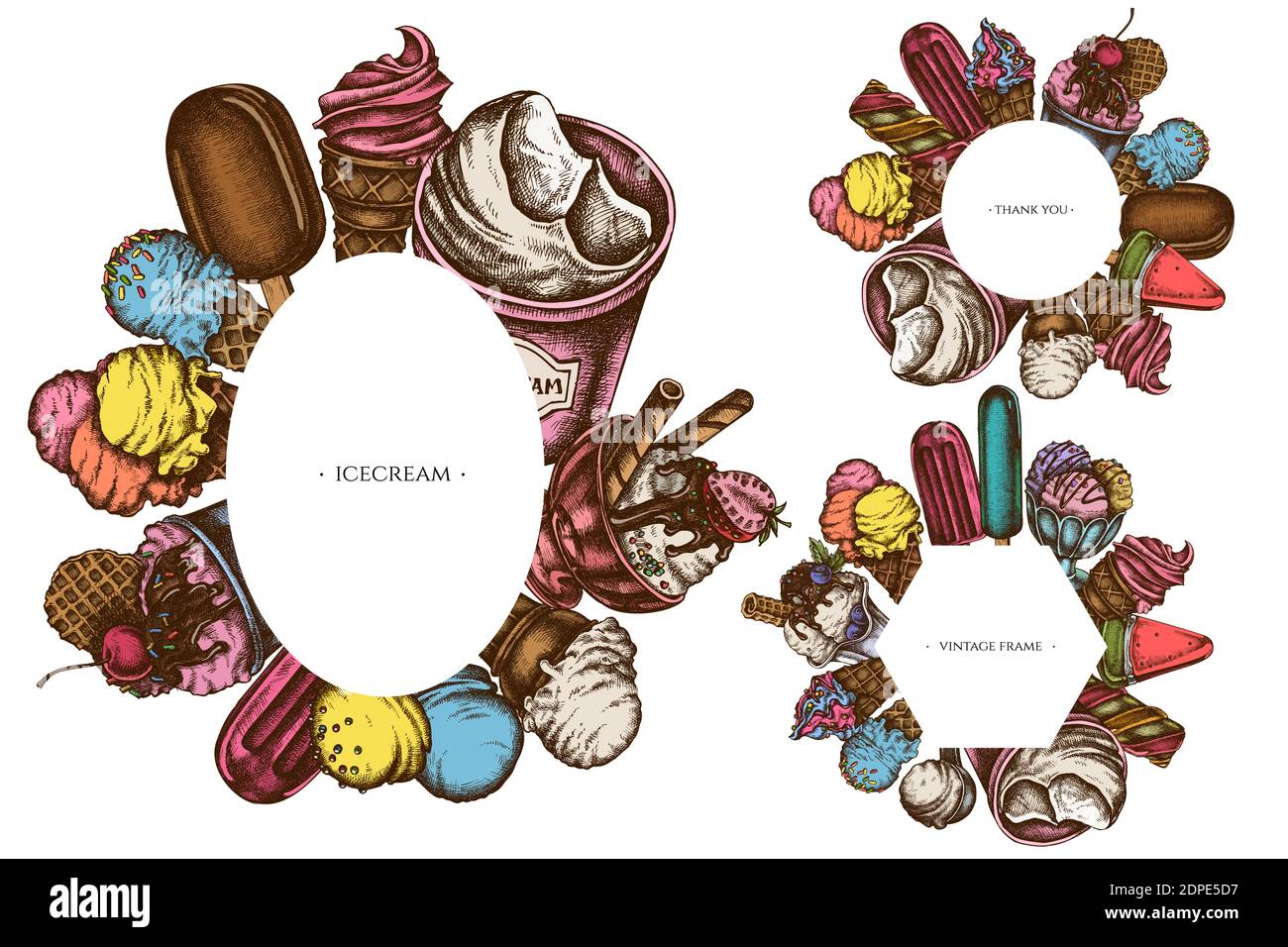 Frames with colored ice cream bowls, ice cream bucket, popsicle ice