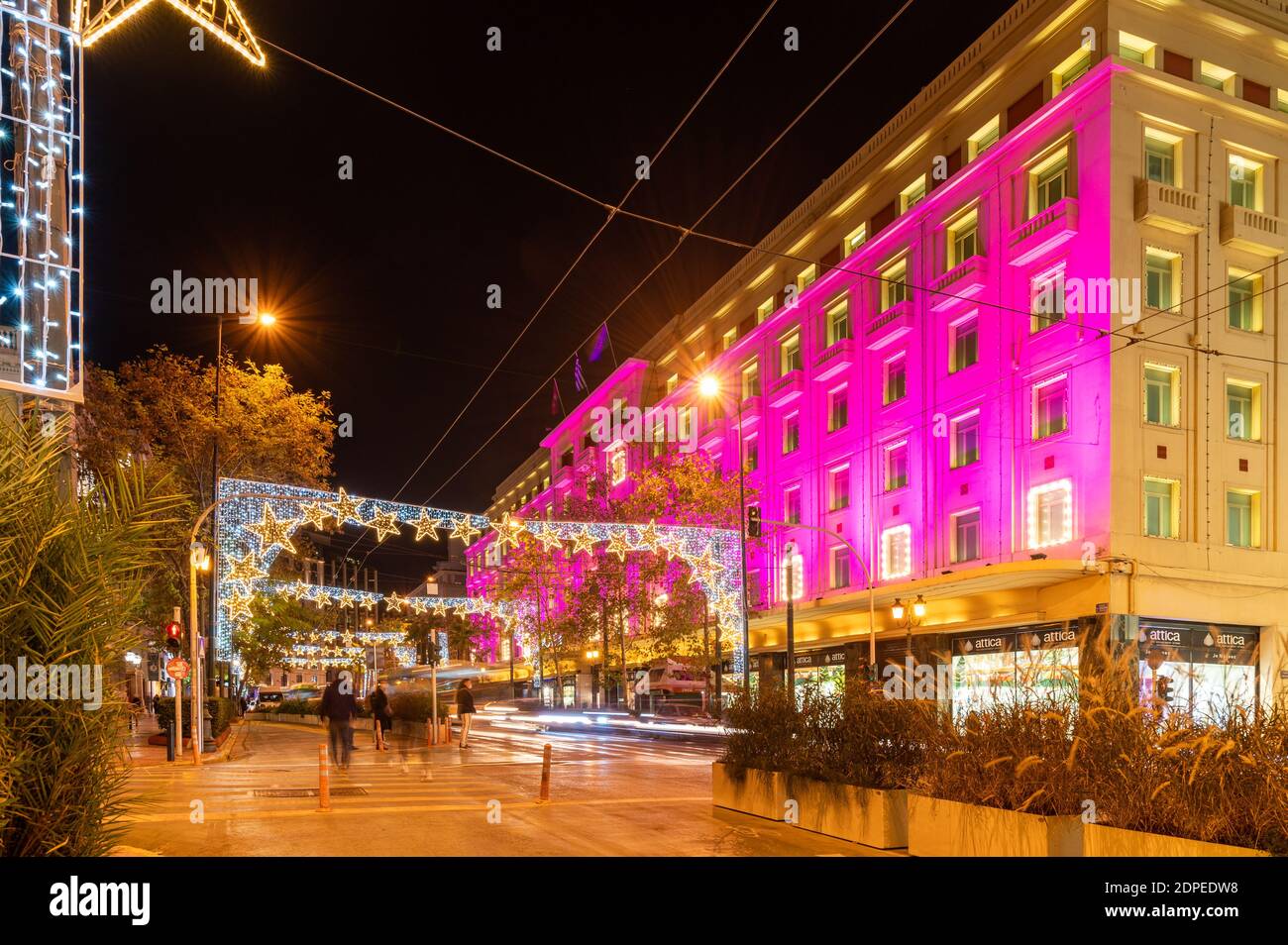 Christmas lights and colorful department store in Athens, Greece Stock