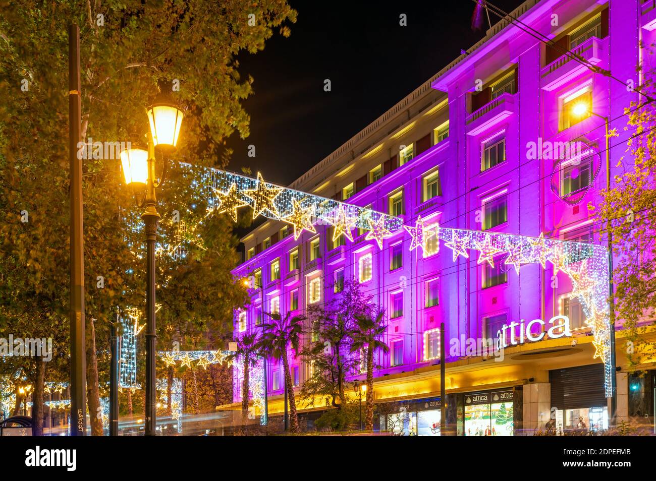 Christmas lights and colorful department store in Athens, Greece Stock