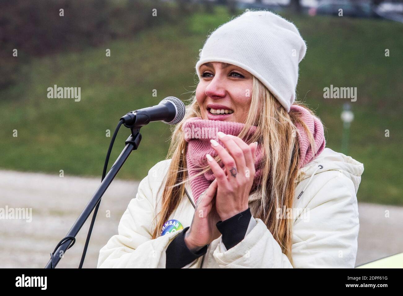 Munich, Bavaria, Germany. 19th Dec, 2020. EVA ROSEN, a Telegram messenger  activist against the anti-Coronavirus measures and against the German  government. As part of a poorly-organized and poorly-received "Frauen  Bustour"" (Womens' Bus