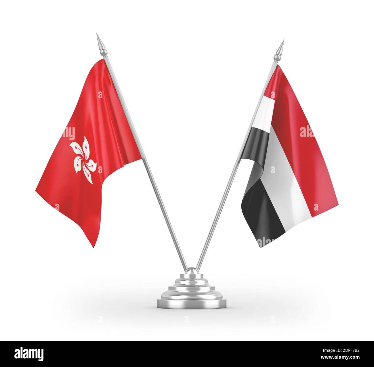 Yemen and Hong Kong table flags isolated on white 3D rendering Stock Photo