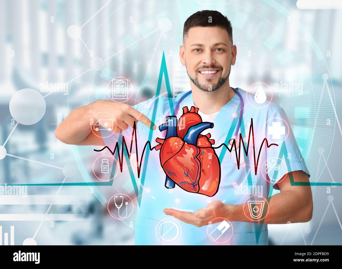 Male cardiologist pointing at drawn human heart Stock Photo - Alamy