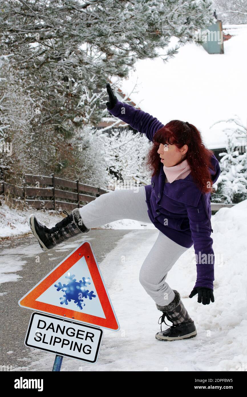 Woman slips and falls down on snowy road , #AFF, #slips, #Woman, #falls,  #road, #snowy